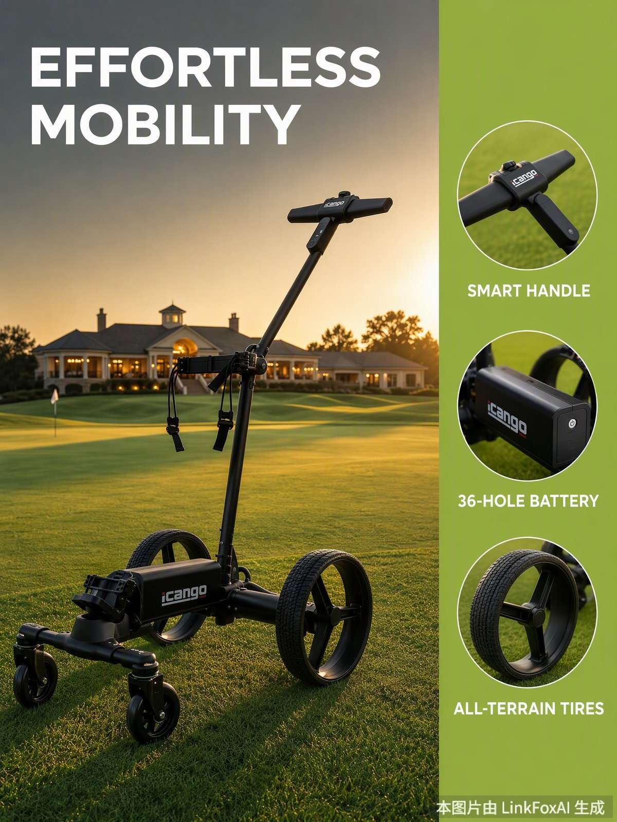 iCango G1 electric golf trolley with golf bag on the fairway