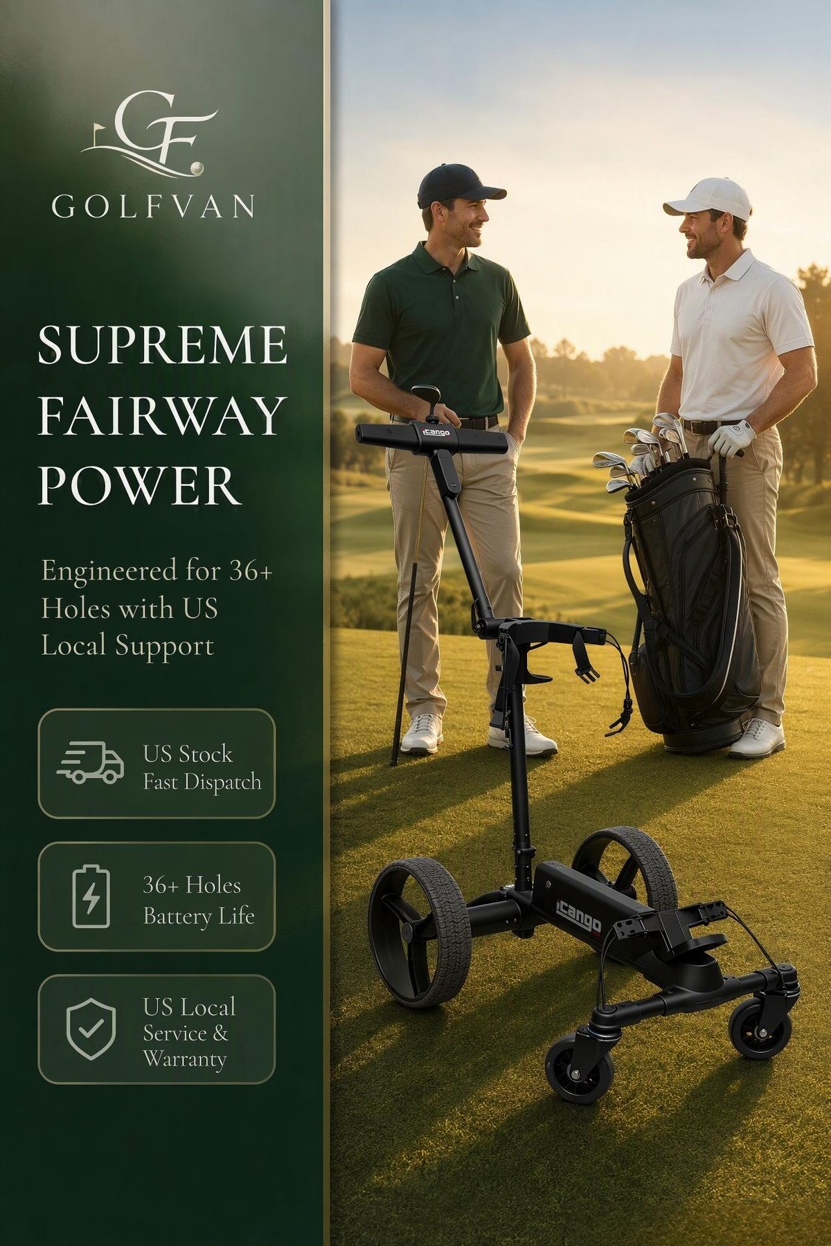 iCango G1 electric golf trolley in use on a golf course fairway
